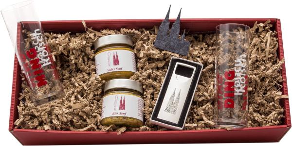 Geschenkset mit Gläsern, Flaschenöffner und Bier Senf