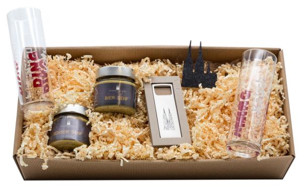 Geschenkset mit Gläsern, Flaschenöffner und Bier Senf