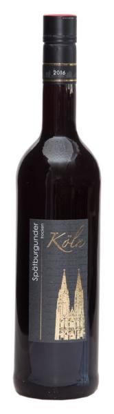 Kölner Rotwein Spätburgunder in dunkler Flasche mit schickem Schmucketikett mit Dom-Motiv