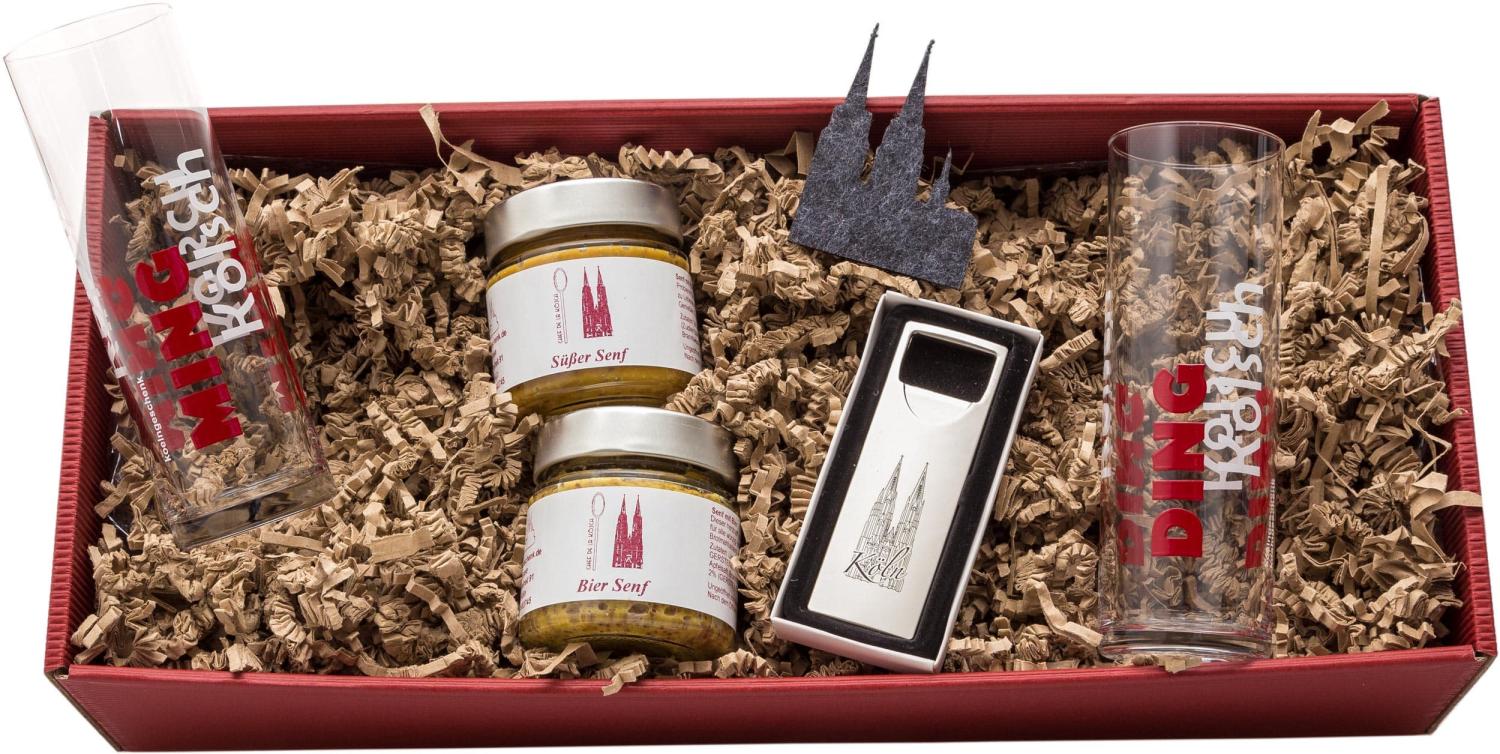 Geschenkset mit Gläsern, Flaschenöffner und Bier Senf