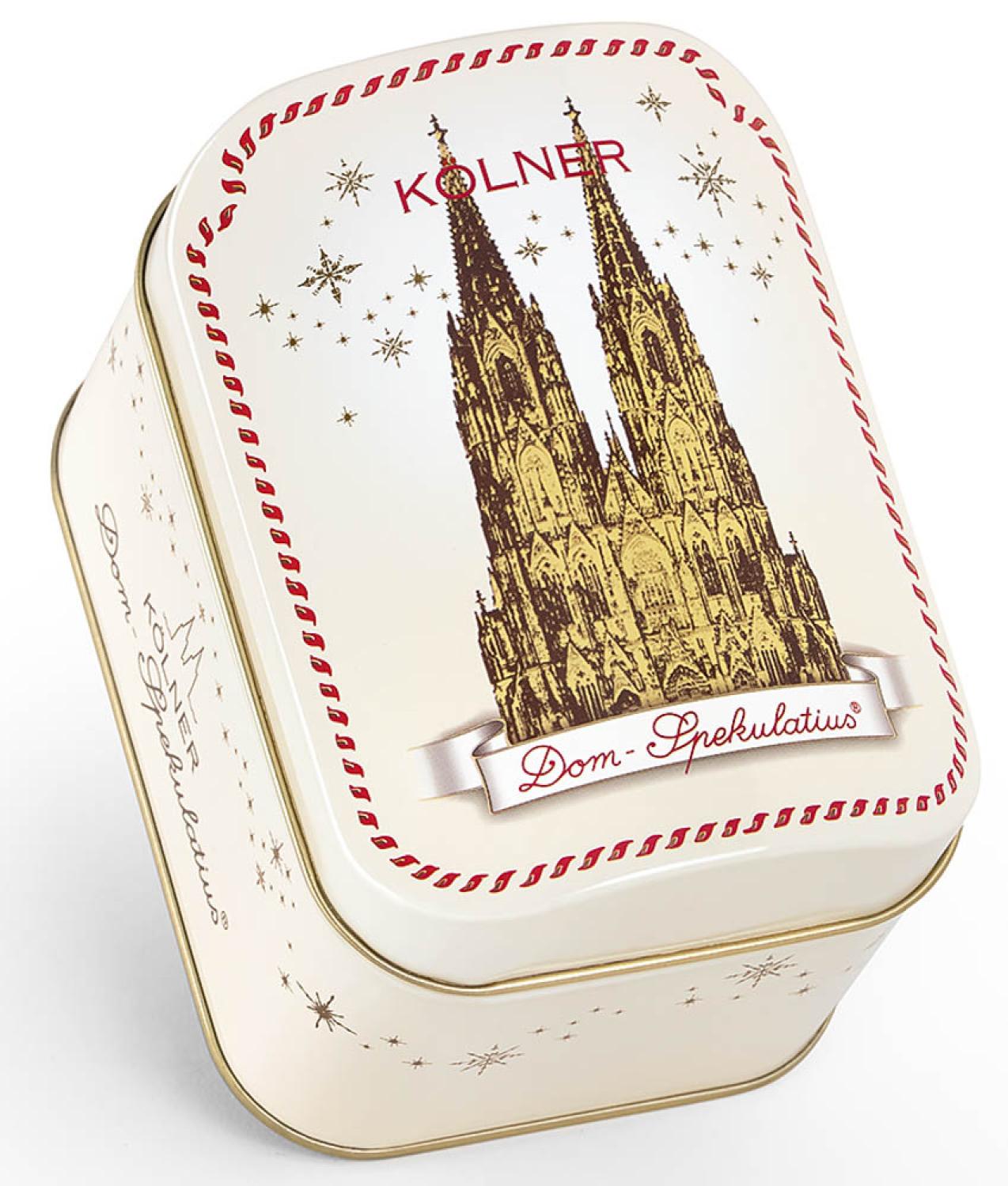 Blechdose mit schönem Köln Motiv gefüllt mit Köln Dom-Butterspekulatius