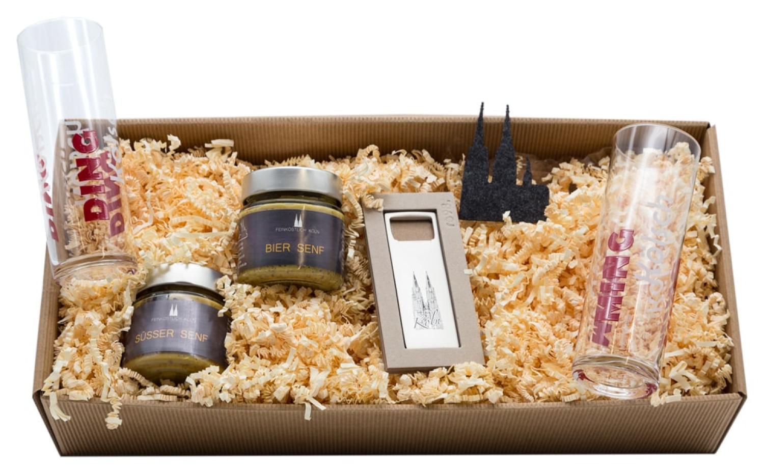 Geschenkset mit Gläsern, Flaschenöffner und Bier Senf