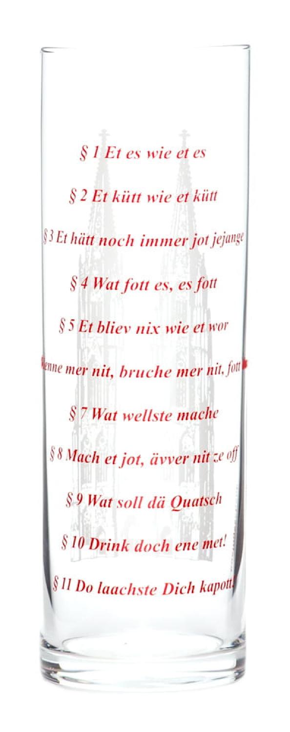 kölschglas mit dem Kölner Dom und dem kölschen  Grundgesetz bedruckt